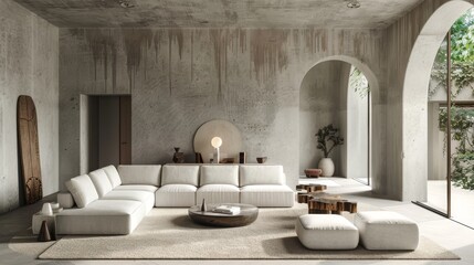 Illustrate a living room that embodies minimalist elegance, where less is more and every piece tells a story
