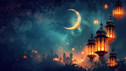 islamic greetings ramadan kareem card design template background with beautiful lanterns and crescent