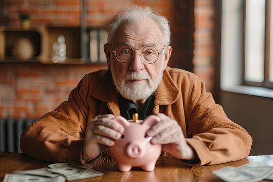 an elderly man who saves for retirement and puts his money in a piggy bank saver