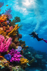 Fototapeta na wymiar A diver diving into a colorful coral during a dive