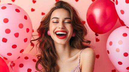 Obraz na płótnie Canvas Young adult woman with red and pink air balloons laughing, on pink polka dots background. Happy holiday party. Joyful beauty having fun, celebrating Valentine's Day. Neural network generated image.