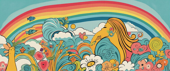 Fototapeta na wymiar Retro 60s colorful rainbow cartoon illustration set with happy inspiration quote. Trendy vintage hippie art style background collection. Curvy pastel color 70s fashion print.