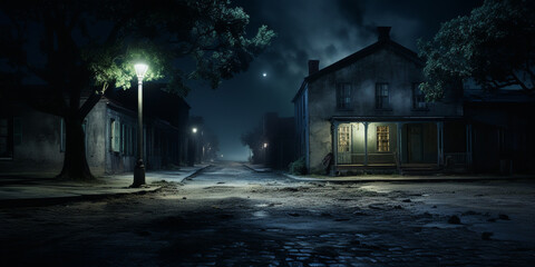 A dark street at night with lights shining on it, Nighttime scene of a street with a lamp post and a street light.