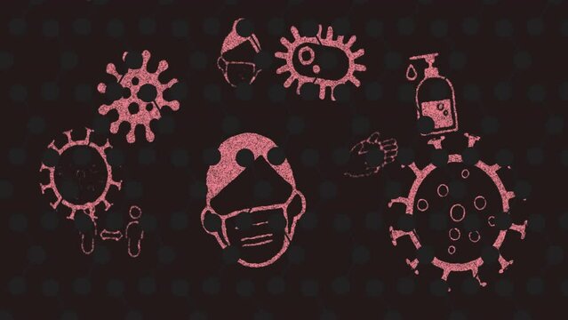 Animation of falling pandemic icons over black background