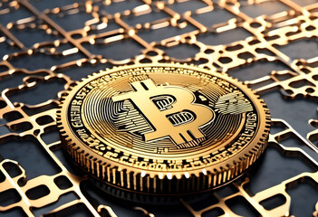 Golden Bitcoin on a circuit board background, symbolizing cryptocurrency and blockchain technology.