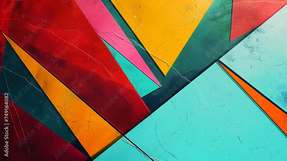 Poster an ultra-high-definition image of a colorful abstract composition, with bold geometric shapes and dy