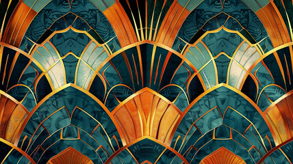 An ultra-high-definition image of a vintage-inspired abstract pattern, featuring vibrant hues of teal, mustard, and coral, intricately woven into geometric shapes reminiscent of Art Deco designs.