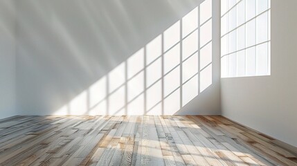 Mock-up of white empty room and wood laminate floor with sun light cast the shadow on the wall