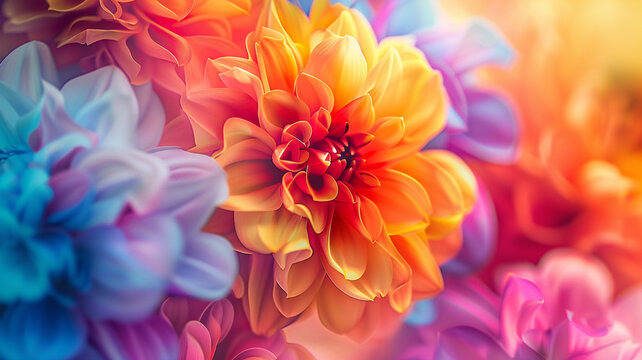 An enchanting UHD image of a colorful abstract floral arrangement, with vibrant blooms and swirling petals in a kaleidoscope of hues.