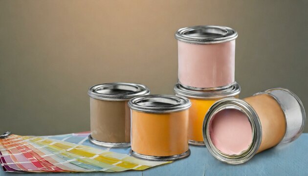 Tiny sample paint cans during house renovation, process of choosing paint for the walls, Peach Fuzz color of the year 2024, color charts on background, Ai Generate