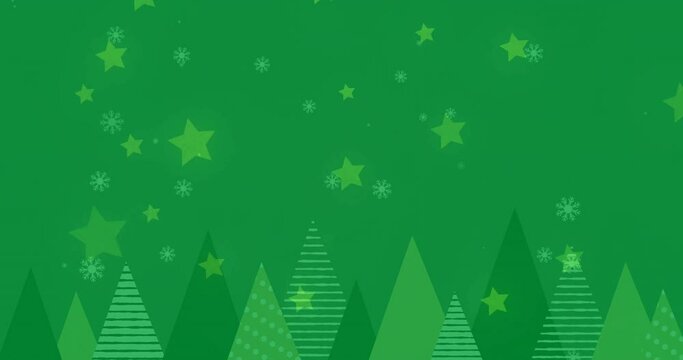 Animation of stars and snow falling over fir trees on green background