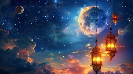 Islamic greeting Eid Mubarak cards for Muslim Holidays.Eid-Ul-Adha festival celebration . Ramadan Kareem background.Crescent Moon and Lantern Lightning in sky, copy Space - generative ai