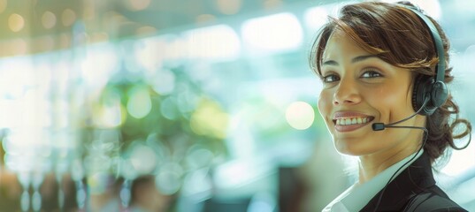 A woman with a beaming smile is seated in a call center, wearing a headset. She appears engaged in conversation, possibly assisting customers with inquiries.