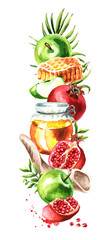 Pomegranate, apple and honeycomb border. Jewish new year, Rosh Hashanah, Shana Tova card. Hand drawn watercolor illustration  isolated on white background
