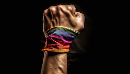 Strong fist with rainbow flag on black background