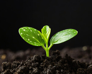A young green sprout emerges from dark, rich soil, symbolizing growth and new beginnings.