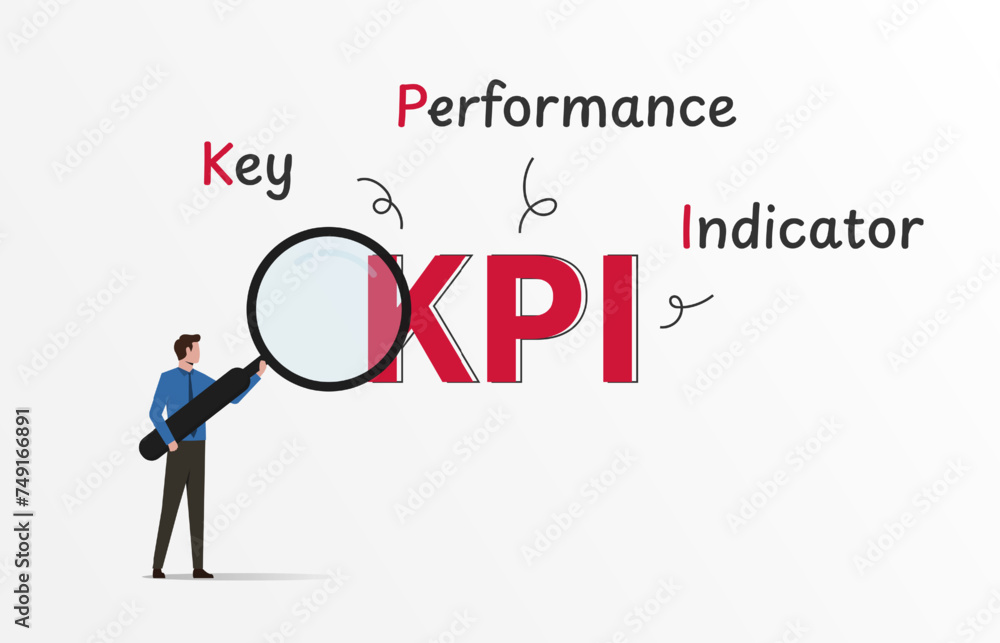 Poster kpi key performance indicator with businessman holds magnifying glass
