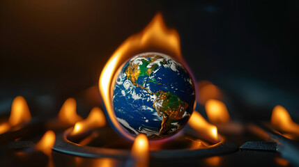 Earth planet globe over flames of a stove burning, the concept of conventional energy harming the planet and global warming. generative ai 