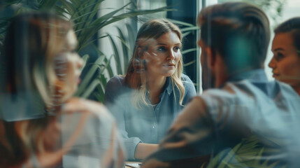 A professional woman engages in a focused business discussion with her colleagues in a modern office environment.