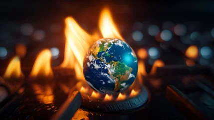 Fotobehang Earth planet globe over flames of a stove burning, the concept of conventional energy harming the planet and global warming. generative ai  © Malaika