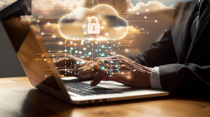 person's hands typing on a laptop with a digital overlay of a secure cloud network graphic, implying a focus on cybersecurity or data protection.