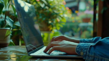 Hands typing on a laptop with a futuristic cybersecurity interface overlay.