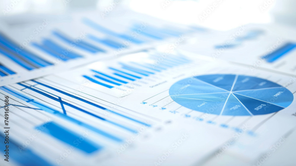 Poster close-up of various financial charts and graphs with a blue theme, highlighting different types of d