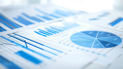 close-up of various financial charts and graphs with a blue theme, highlighting different types of data presentations such as pie charts, bar graphs, and line charts.