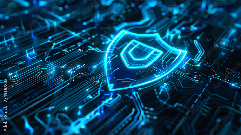 Poster glowing blue shield symbol superimposed over a complex circuit board, representing concepts of cyber