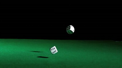 Animation of dices falling on black background - Powered by Adobe