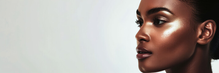 Young woman portrait showcasing her skin care with a a copy space background