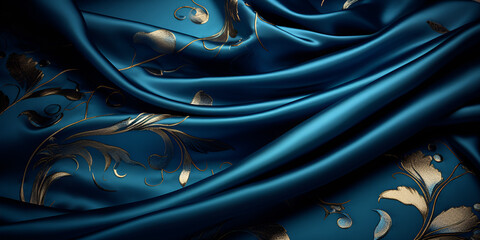 blue luxury cloth silk velvet with floral print, Blue Silk Velvet with Floral Print: Luxury Fabric Background - obrazy, fototapety, plakaty