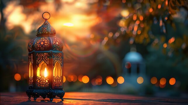 Ornamental Arabic lantern with burning candle glowing . Festive greeting card, invitation for Muslim holy month Ramadan Kareem. Ramadan Kareem greeting photo with serene mosque background