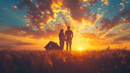 Romantic couple holding hands in a wheat field at sunset with a warm golden sky.