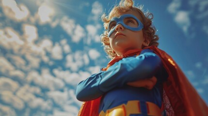 Child in superhero costume with arms crossed standing against a cloudy sky, embodying confidence and adventure. - obrazy, fototapety, plakaty