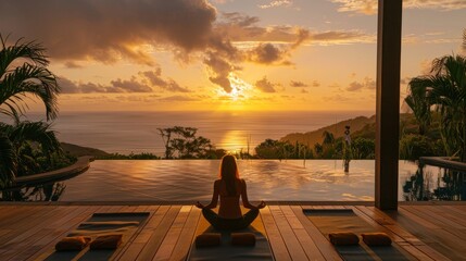 Tranquil sunset yoga session by an infinity pool with a breathtaking ocean view.