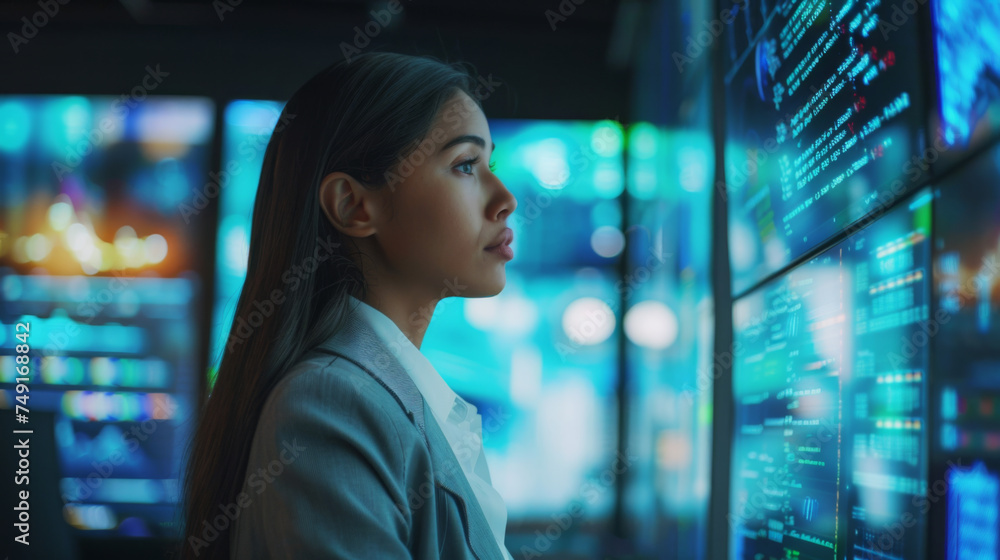 Poster a professional woman is seated in front of multiple computer monitors displaying financial data, sug