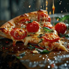 close up of pizza with tomato and basil. Generative AI