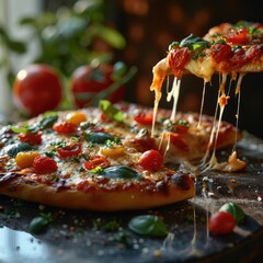 close up of pizza with tomato and basil. Generative AI