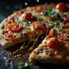 close up of pizza with tomato and basil. Generative AI