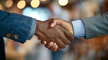 Two professionals seal a successful deal with a firm handshake, solidifying their partnership and mutual respect. The office buzzes with excitement as their collaboration begins.