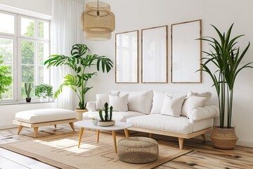 Fototapeta na wymiar A modern living room featuring a white couch as the centerpiece, complemented by several vibrant green plants adding a touch of nature to the space.