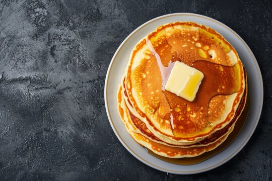 Top view of stack of pancakes with butter and syrup on a plate with copy space