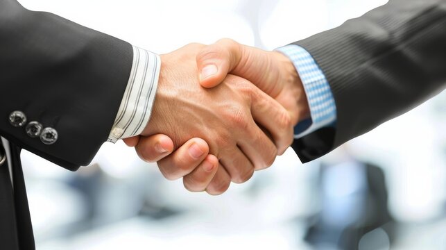 Two determined professionals seal the deal with a firm handshake, solidifying a successful partnership and embodying the spirit of collaboration in the workplace.