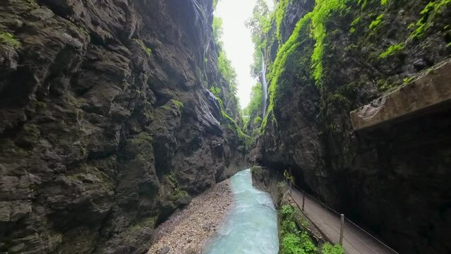 Gorge in the Partnachklamm in Garmisch-Partenkirchen, Bavaria on a rainy summer's day