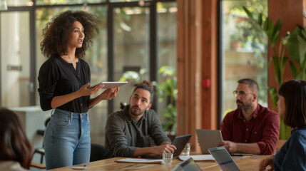 A group of professionals is engaged in a collaborative discussion around a table with laptops, with one person standing and presenting, in a modern office environment.