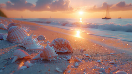 Seashell on sunset beach abstract background. Generative ai. - obrazy, fototapety, plakaty