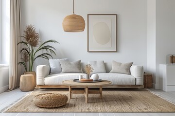 Modern interior of open space with design modular Neutral living room.sofa, furniture, wooden coffee tables, plaid, pillows, tropical plants and elegant personal accessories in stylish home decor. 