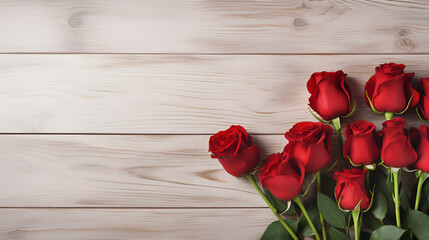 Naklejka na ściany i meble A Symphony of Love Romance in Red Color with Red Rose Flowers on Wooden Background for Valentine's Day