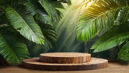 Leafy Delight: Wood Podium 3D Rendered Mockup with Decorative Tropical Leaves